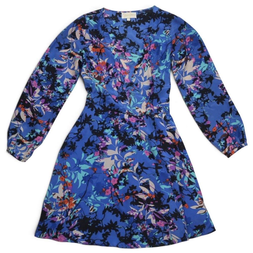 Yumi Kim Carla Wrap Dress S Blue Silk Floral Long Sleeve Mini